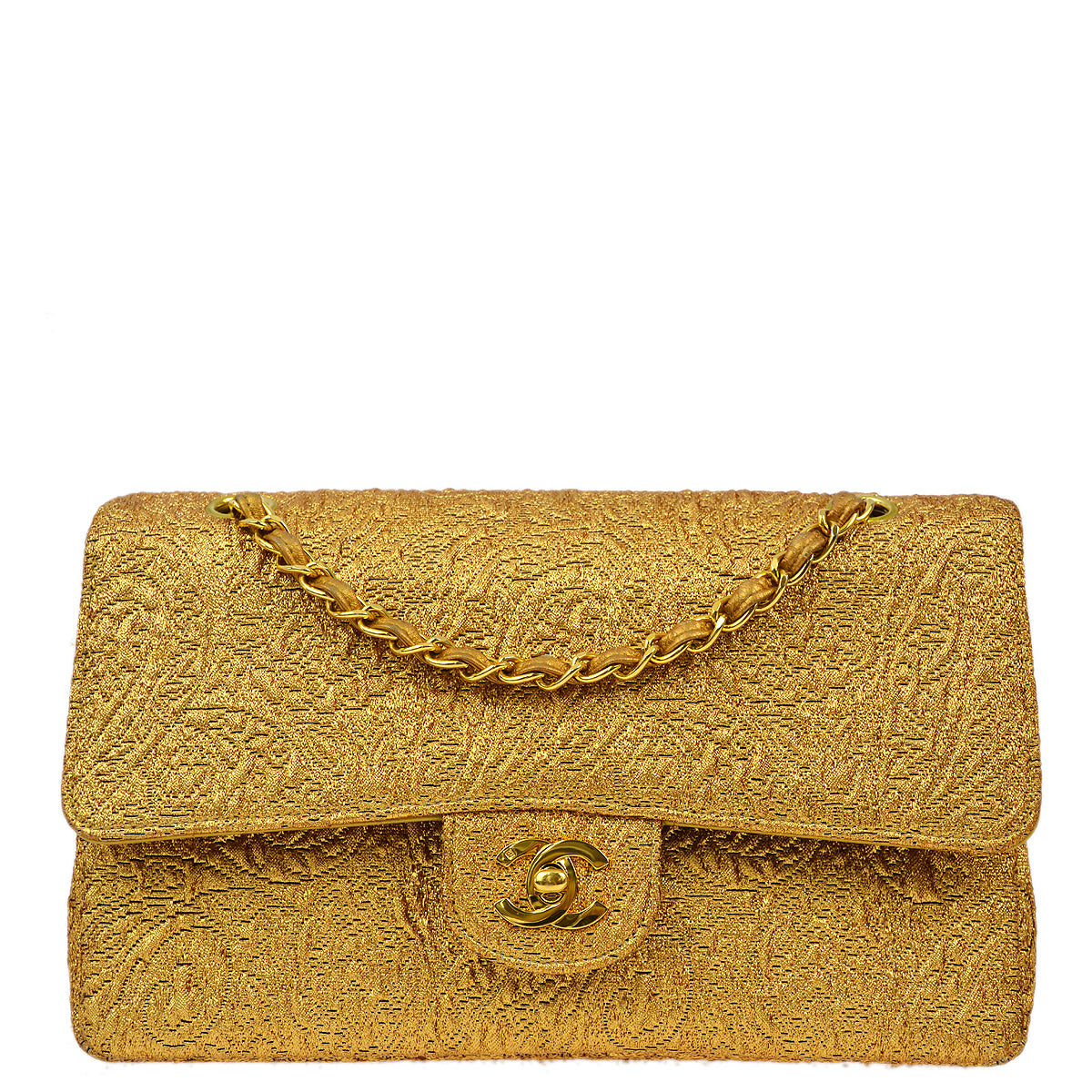 Luxury Chanel * 1991-1994 Gold Nylon Knit Medium Classic Double Flap Shoulder Bag