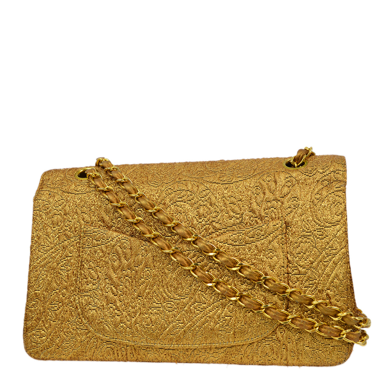 Luxury Chanel * 1991-1994 Gold Nylon Knit Medium Classic Double Flap Shoulder Bag