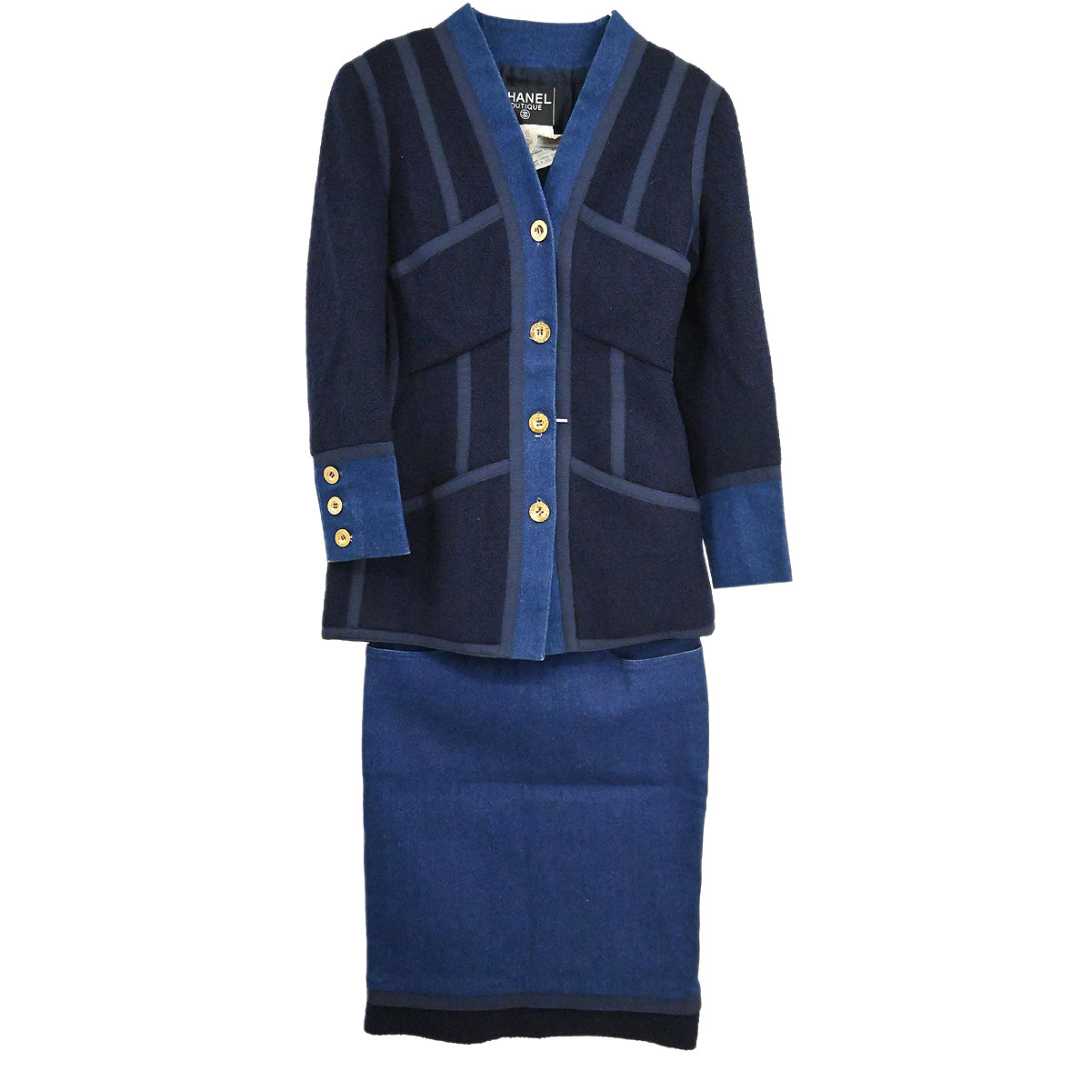 Luxury Chanel 1991 Setup Suit Jacket Skirt Navy Indigo 26 #36