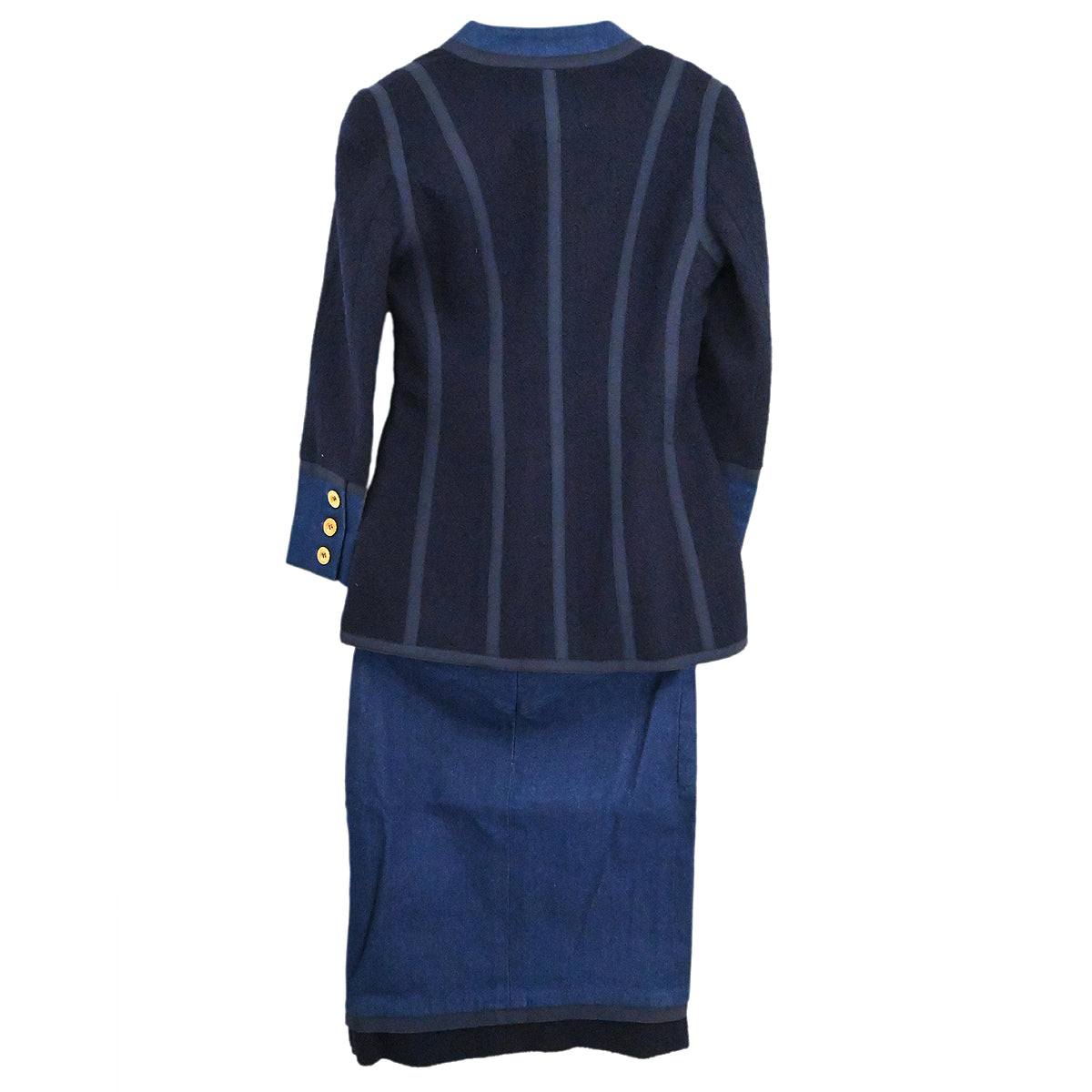 Luxury Chanel 1991 Setup Suit Jacket Skirt Navy Indigo 26 #36