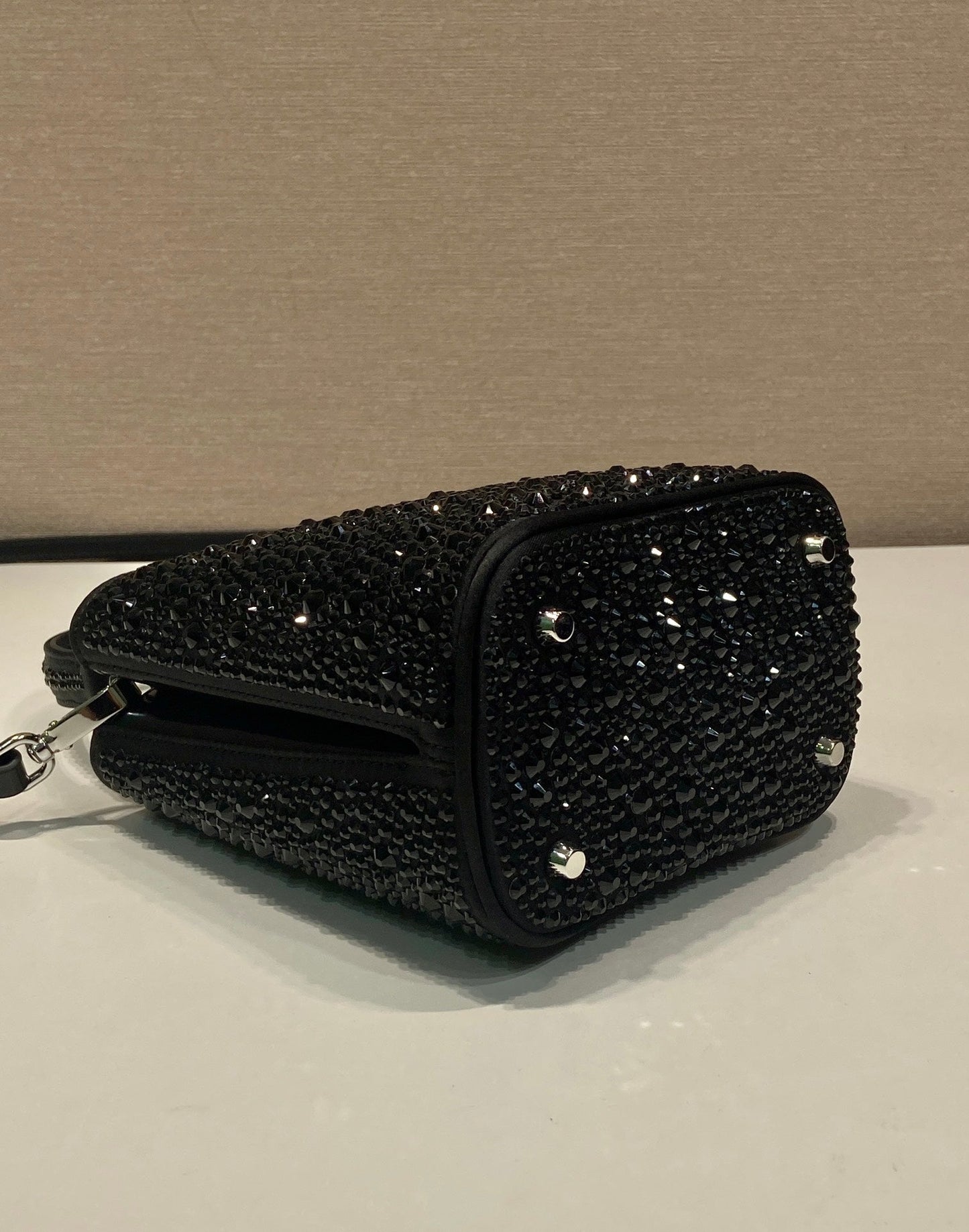 Luxury PradaPANIER BUCKET BAG 16 IN BLACK CALFSKIN ATTACHED FULL CRYSTALS