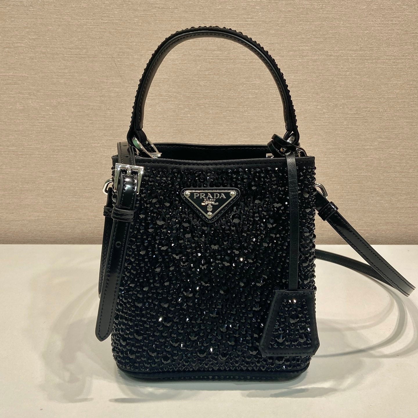 Luxury PradaPANIER BUCKET BAG 16 IN BLACK CALFSKIN ATTACHED FULL CRYSTALS