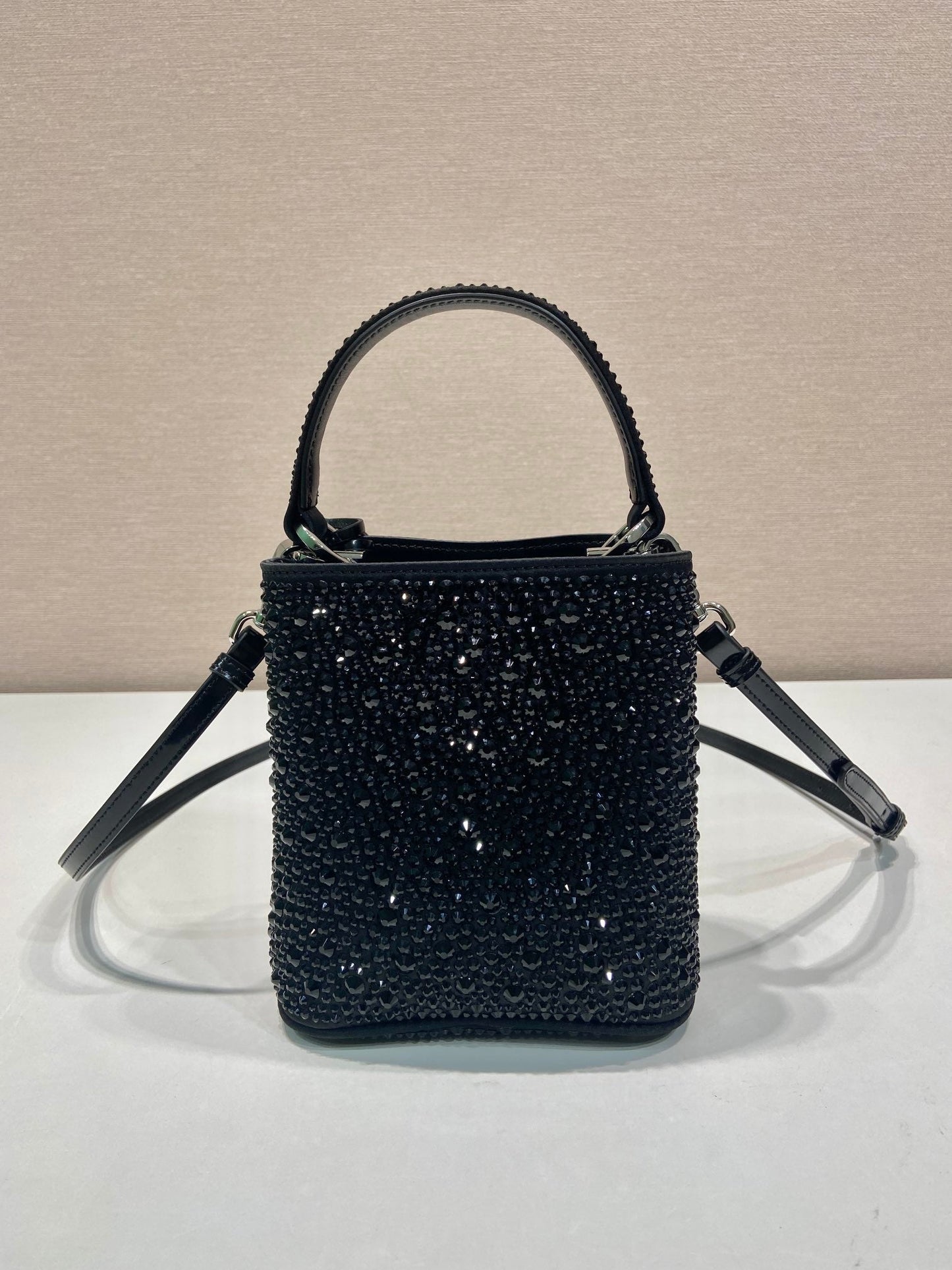 Luxury PradaPANIER BUCKET BAG 16 IN BLACK CALFSKIN ATTACHED FULL CRYSTALS