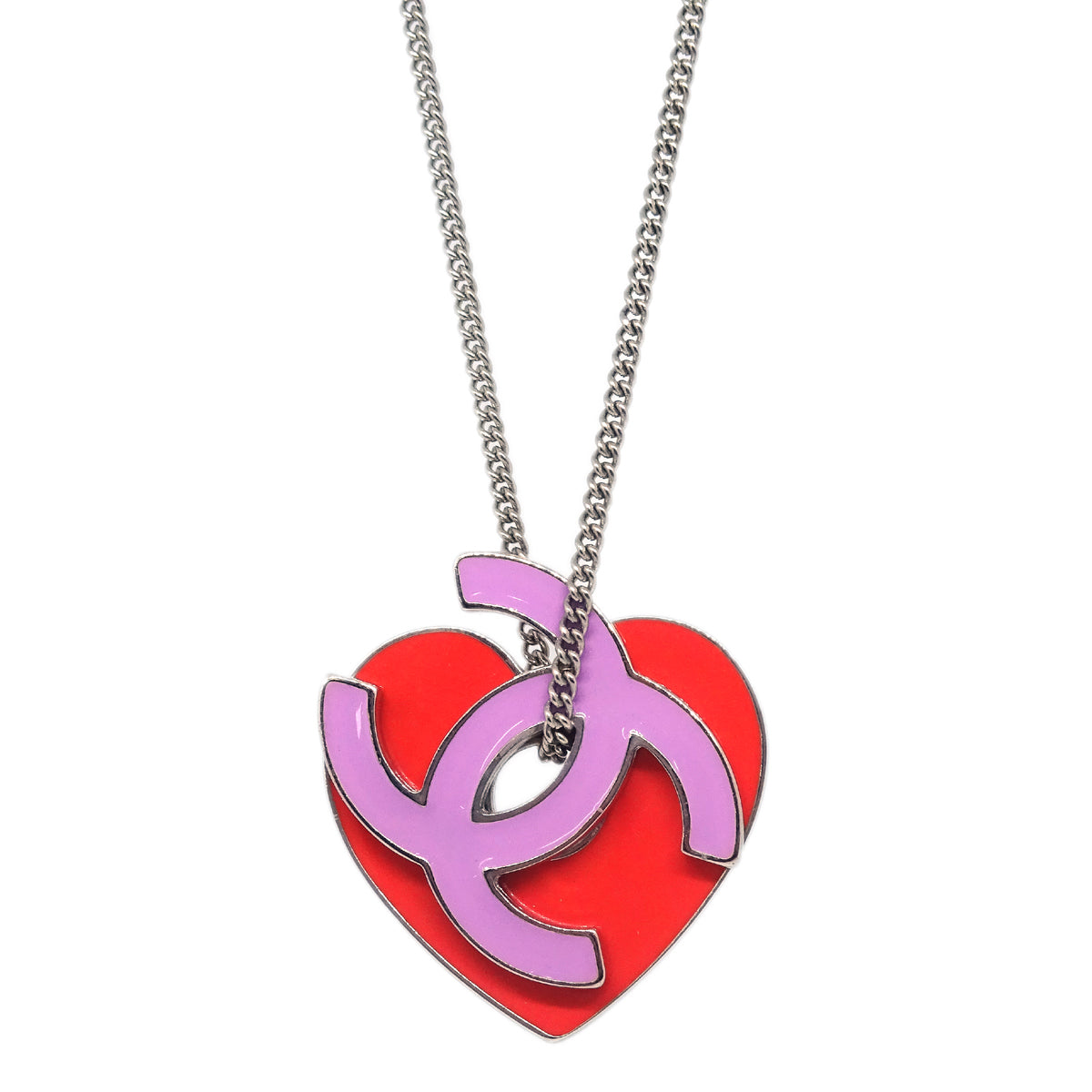 Luxury Chanel CC Heart Chain Necklace Silver Pink 04P