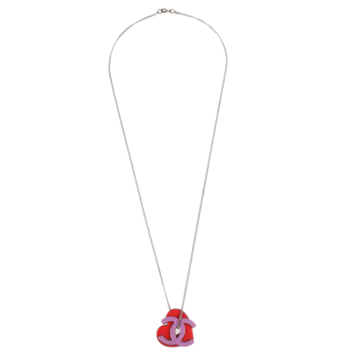 Luxury Chanel CC Heart Chain Necklace Silver Pink 04P
