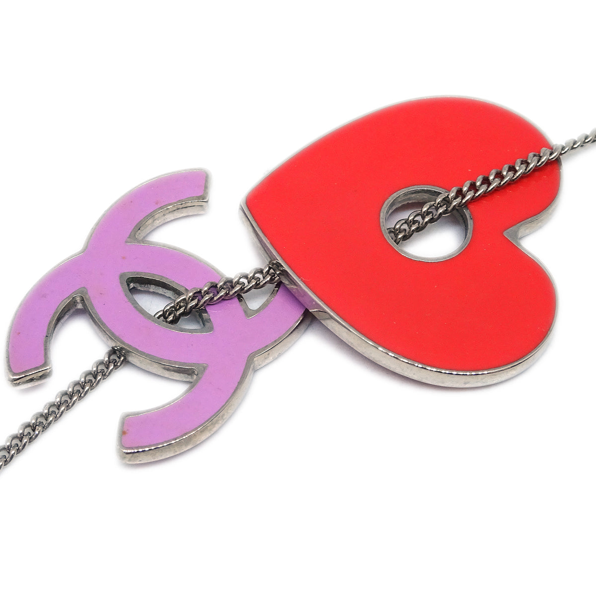 Luxury Chanel CC Heart Chain Necklace Silver Pink 04P