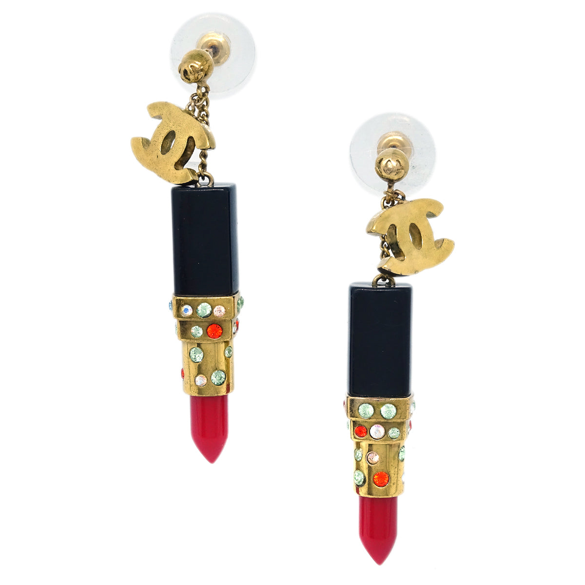 Luxury Chanel Lipstick Dangle Piercing Earrings Rhinestone Gold 04A