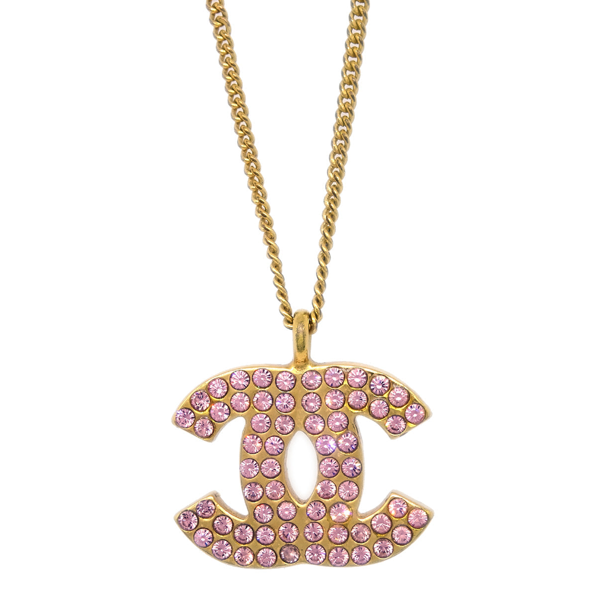 Luxury Chanel CC Chain Pendant Necklace Rhinestone Gold 02P