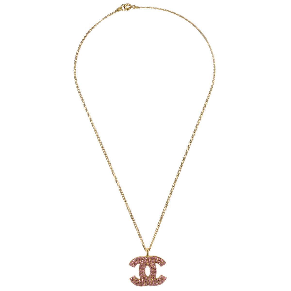 Luxury Chanel CC Chain Pendant Necklace Rhinestone Gold 02P