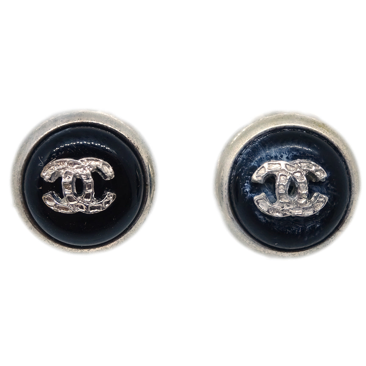 Luxury Chanel Button Earrings Clip-On Black Silver 00A