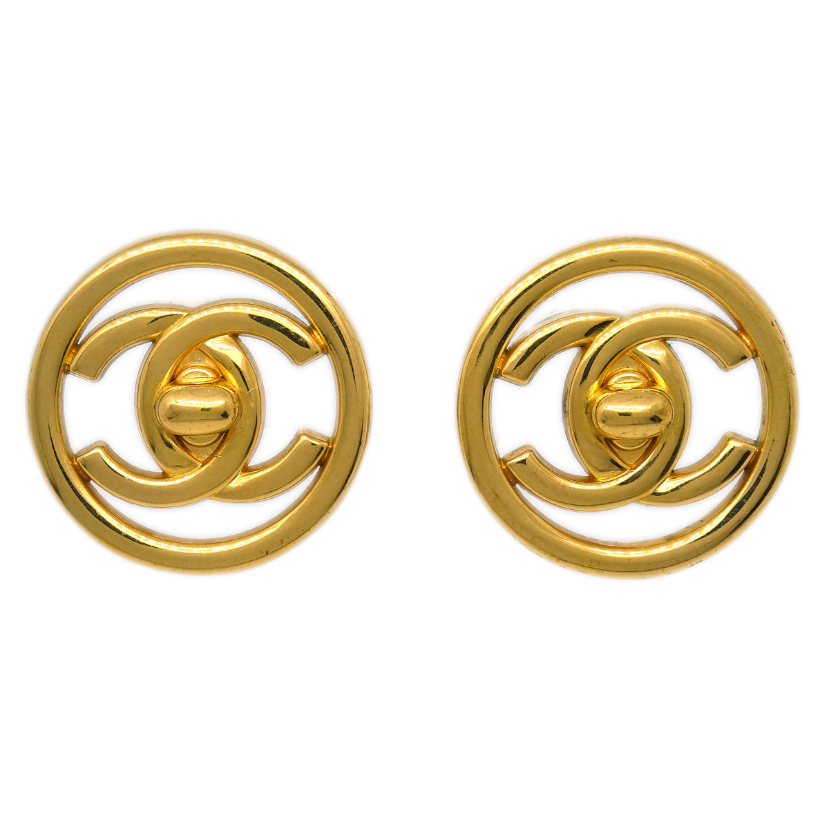 Luxury Chanel CC Turnlock Button Earrings Gold Clip-On 97P