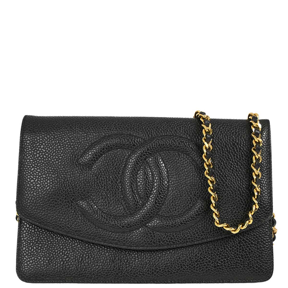 Luxury Chanel 1996-1997 Black Caviar WOC Chain Shoulder Wallet Bag