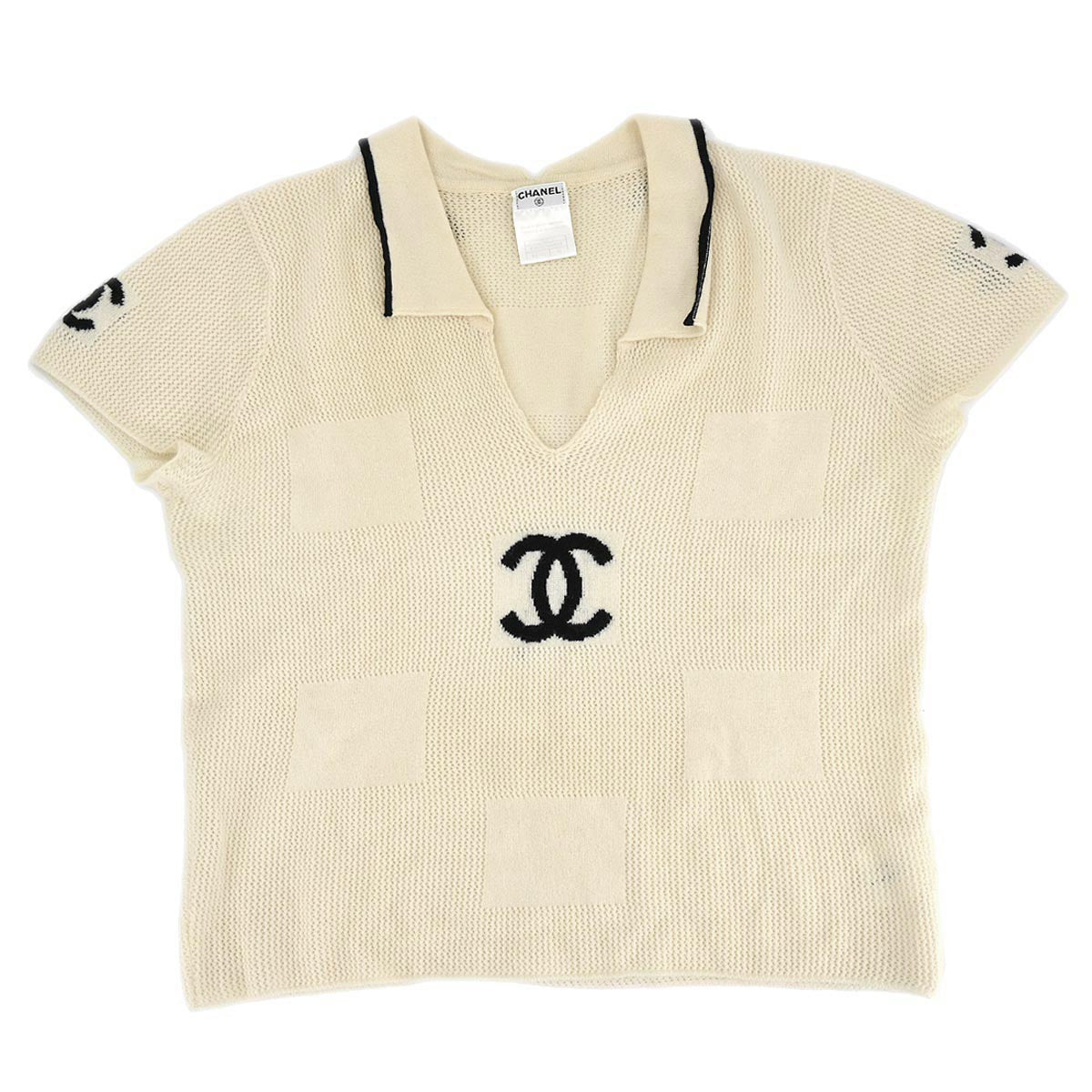 Luxury Chanel Short Sleeve Sweater Knit Top Ivory 01C #46