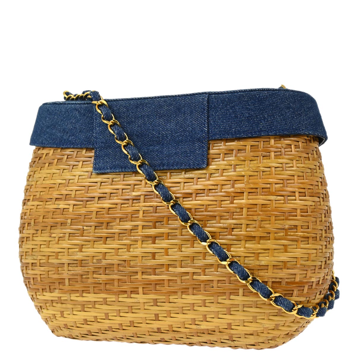 Luxury Chanel * 1997-1999 Blue Denim Rattan Basket Chain Shoulder Bag