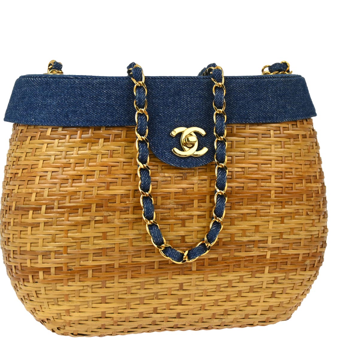 Luxury Chanel * 1997-1999 Blue Denim Rattan Basket Chain Shoulder Bag