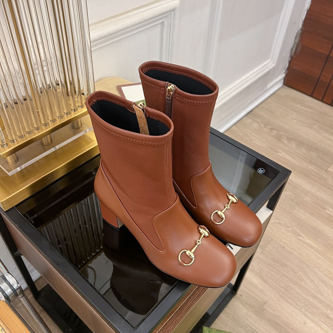 Luxury Gucci GG Horsebit Ankle Boot 65 Brown Calfskin
