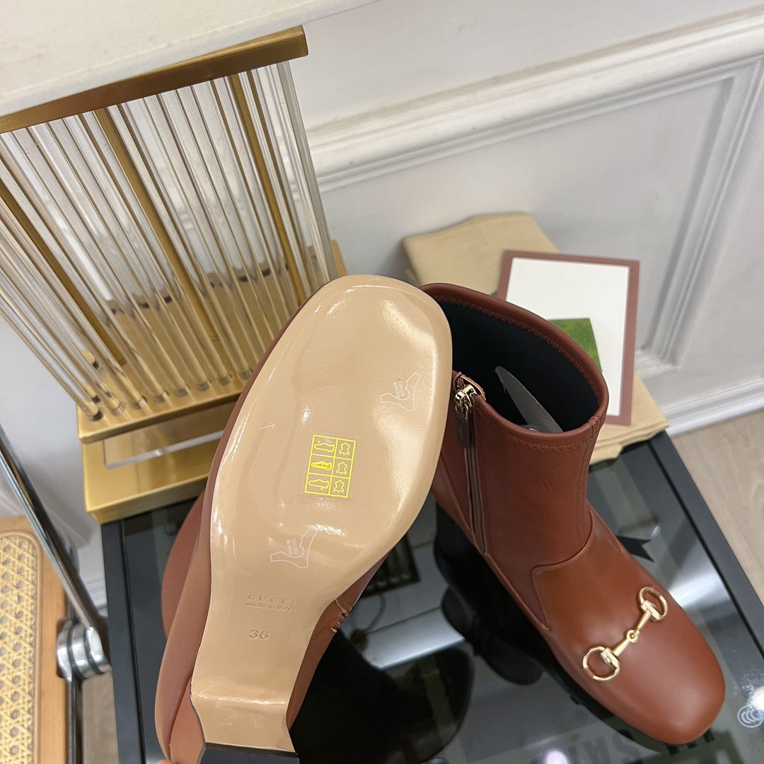 Luxury Gucci GG Horsebit Ankle Boot 65 Brown Calfskin