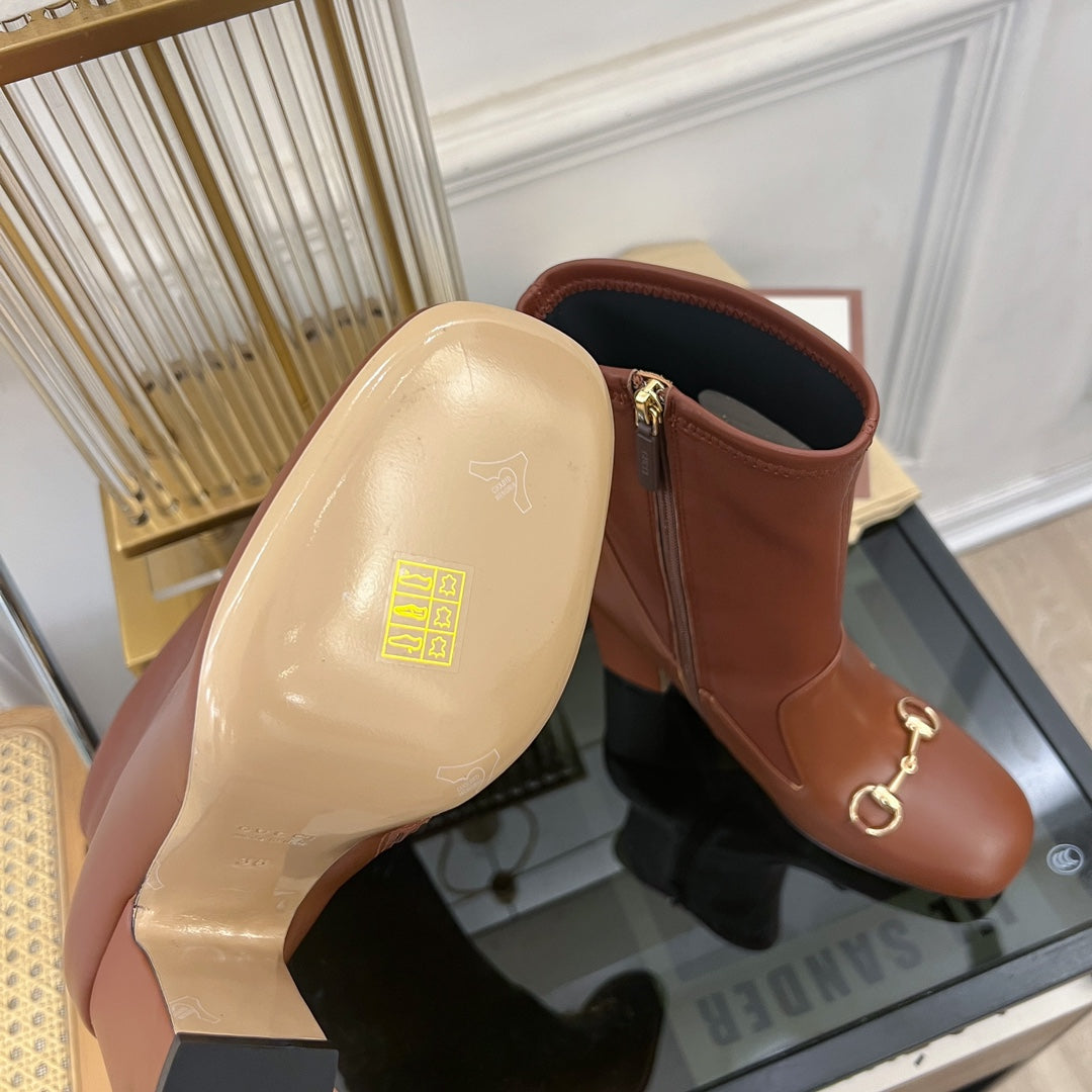 Luxury Gucci GG Horsebit Ankle Boot 95 Brown Calfskin