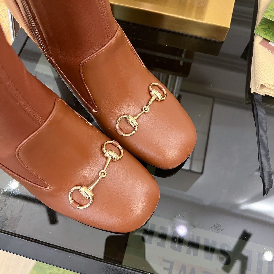 Luxury Gucci GG Horsebit Ankle Boot 95 Brown Calfskin