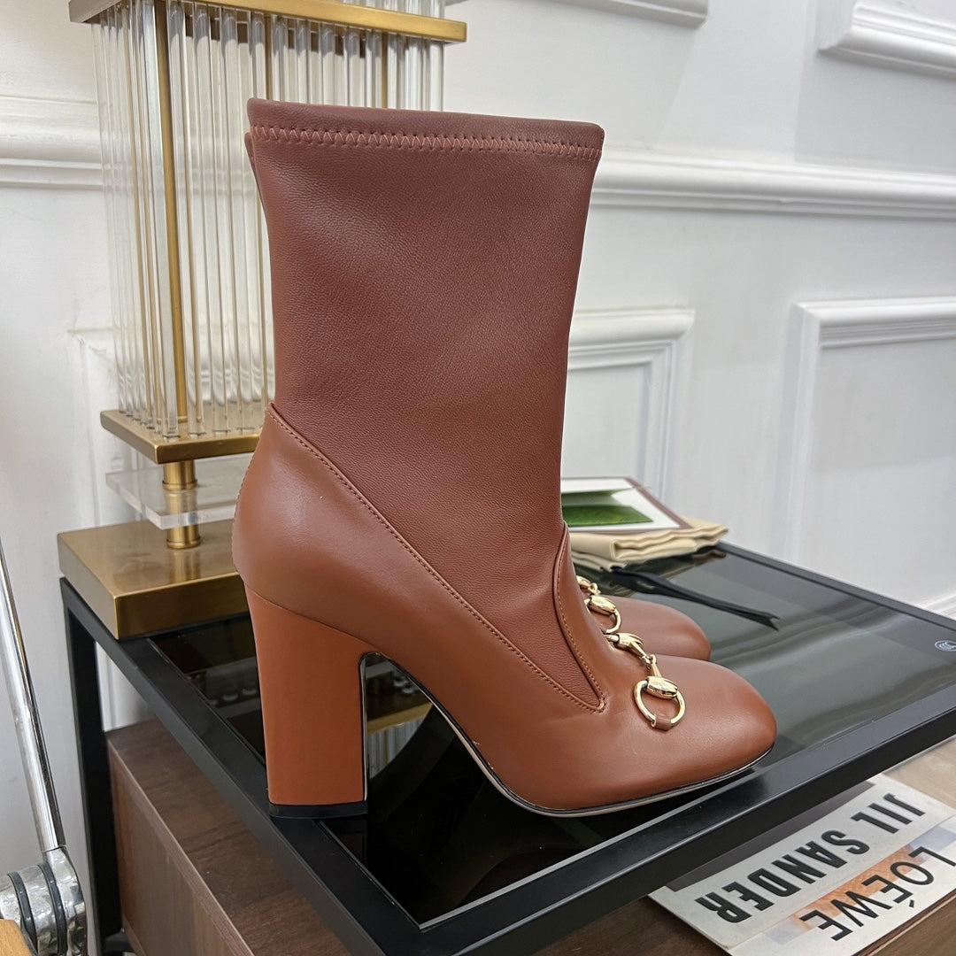 Luxury Gucci GG Horsebit Ankle Boot 95 Brown Calfskin