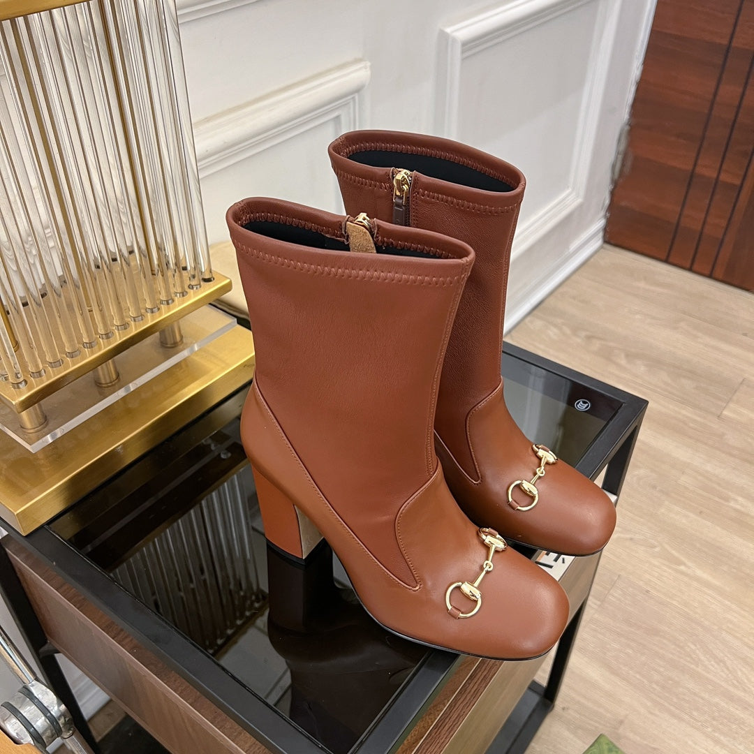 Luxury Gucci GG Horsebit Ankle Boot 95 Brown Calfskin