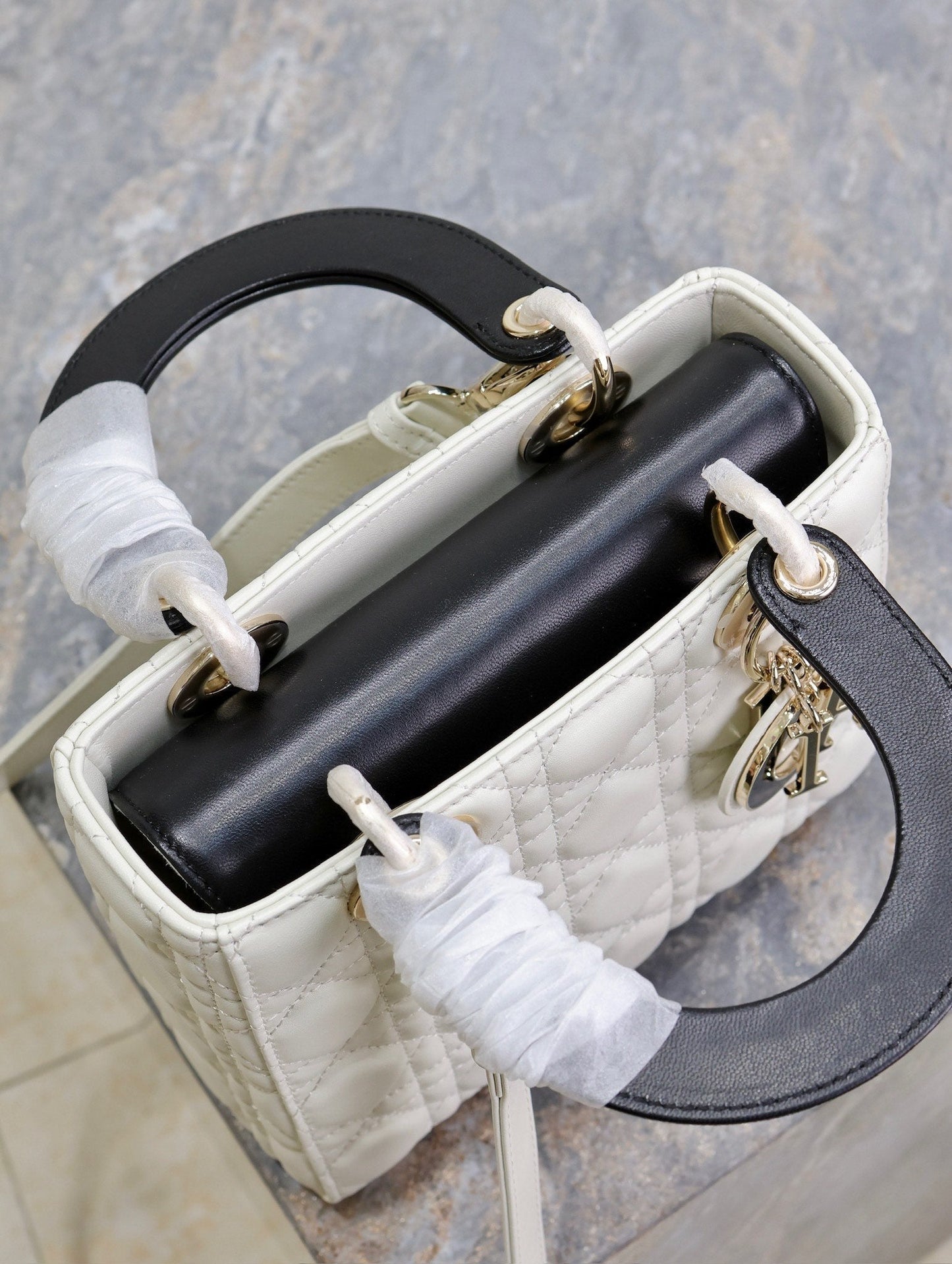 Luxury DiorLady Bag 17cm White Black Lambksin