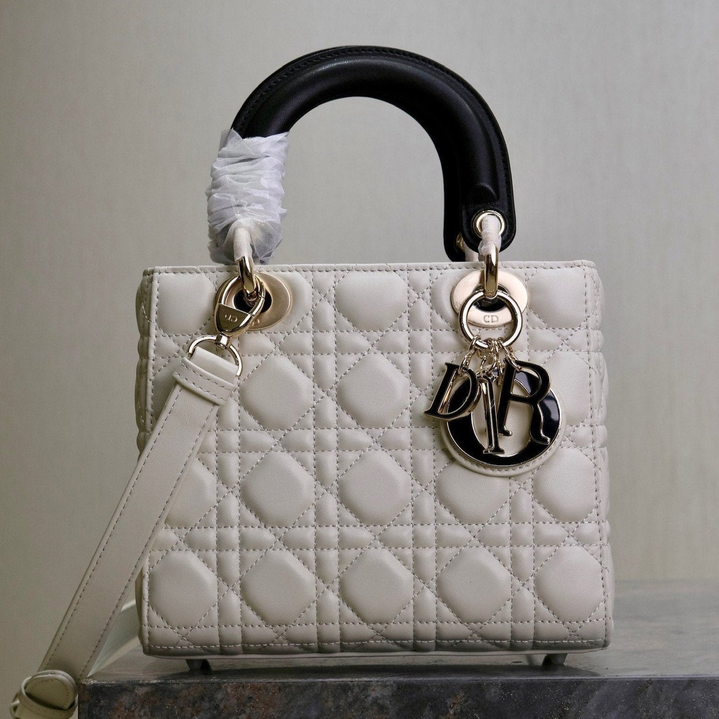 Luxury DiorLady Bag 17cm White Black Lambksin