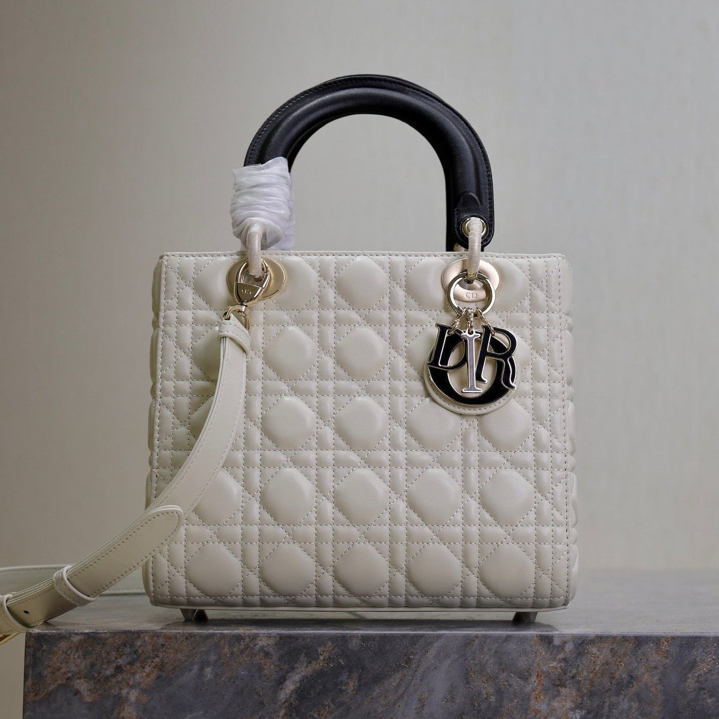 Luxury DiorLady Bag 20cm White Black Lambskin