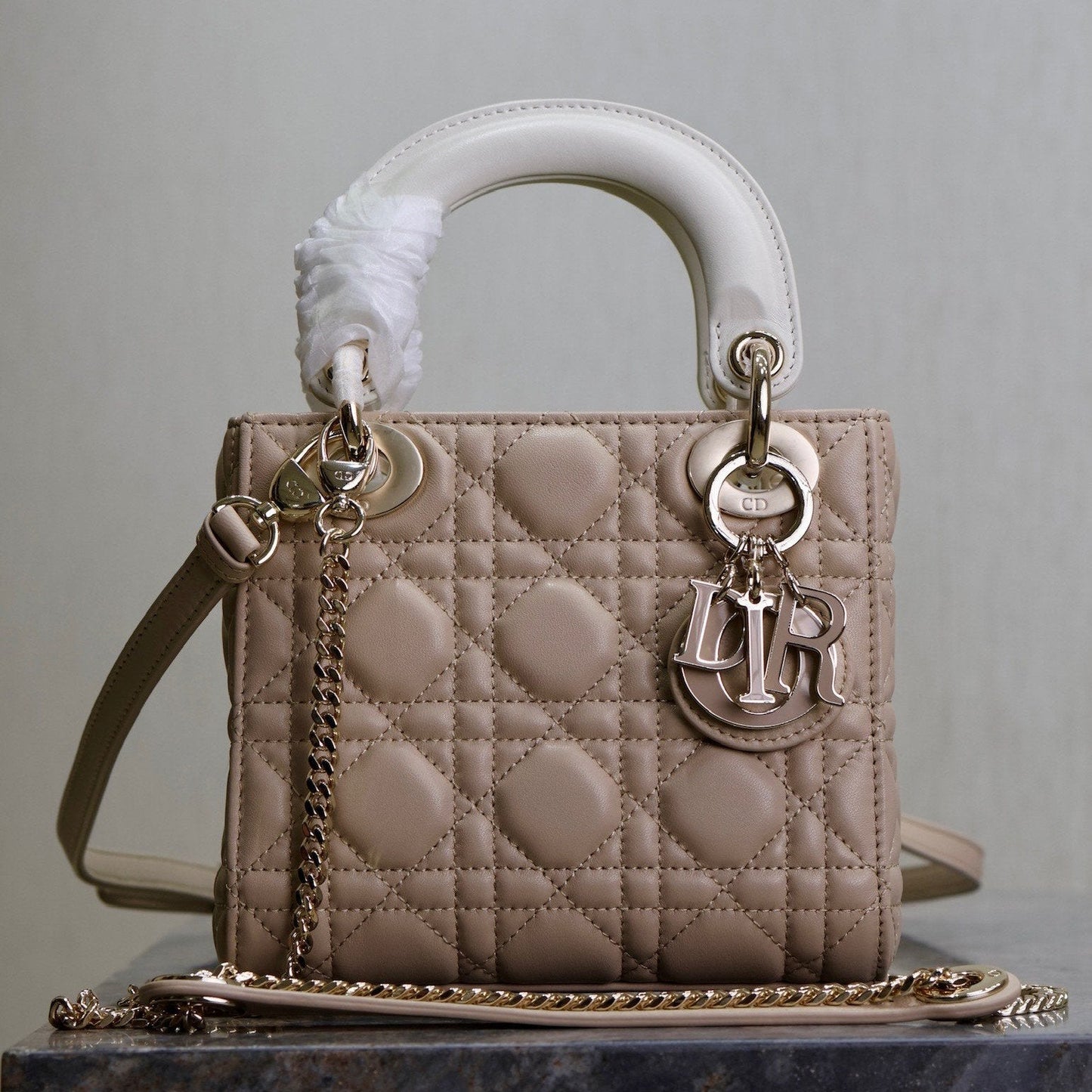 Luxury DiorLady Bag 17cm Beige White Lambksin