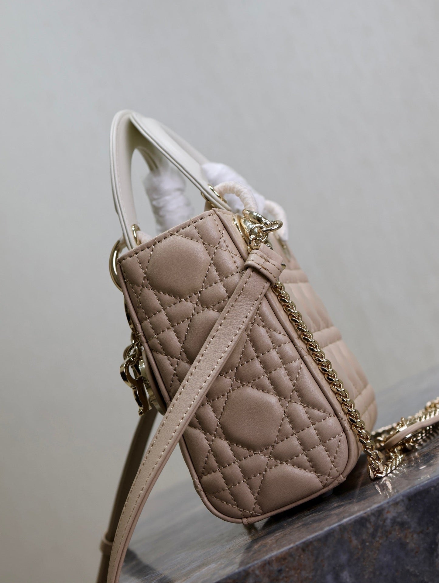 Luxury DiorLady Bag 17cm Beige White Lambksin