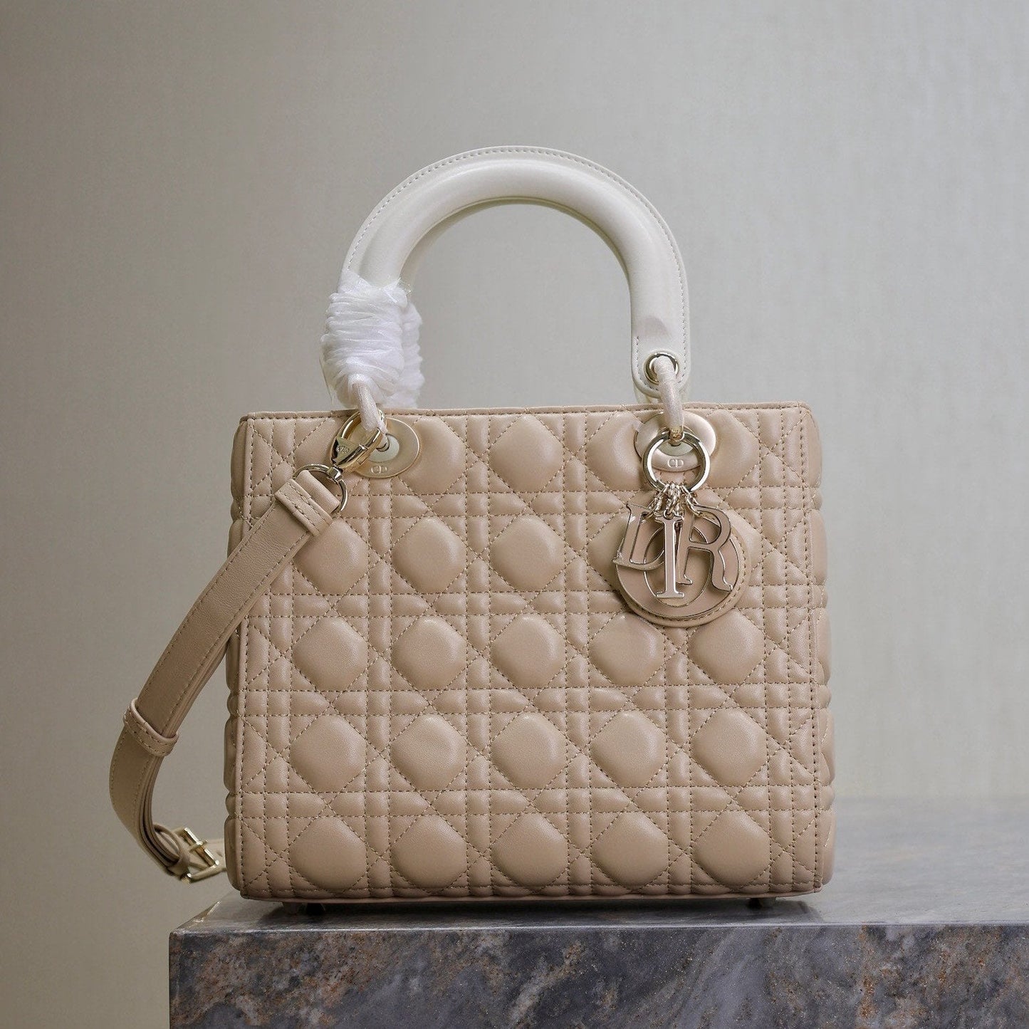 Luxury DiorLady Bag 20cm Beige White Lambskin