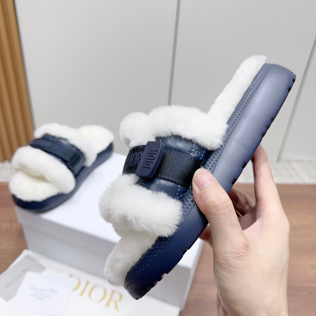 Luxury Dior DIORiviera Dio(r)evolution Slide Deep Blue White Quilted Fleece Lining And Lambskin