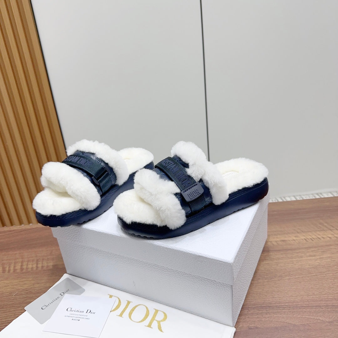 Luxury Dior DIORiviera Dio(r)evolution Slide Deep Blue White Quilted Fleece Lining And Lambskin