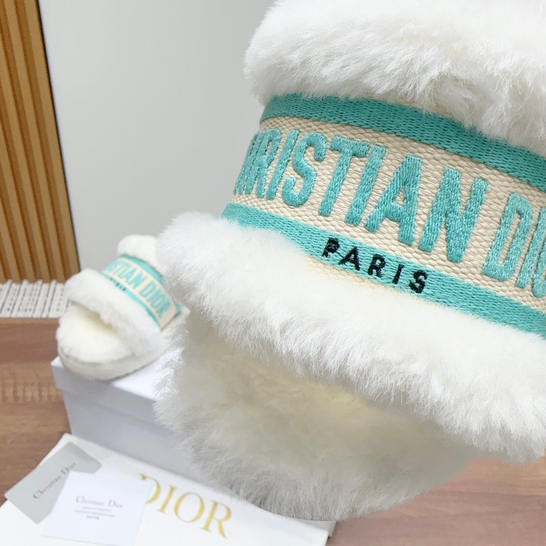 Luxury DiorDway Slide White Jade Green Fleece Lining And Canvas Fabric