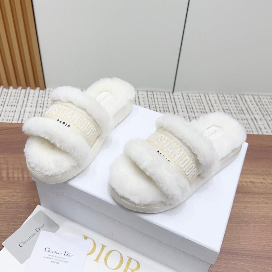 Luxury DiorDway Slide White Light Beige Fleece Lining And Canvas Fabric