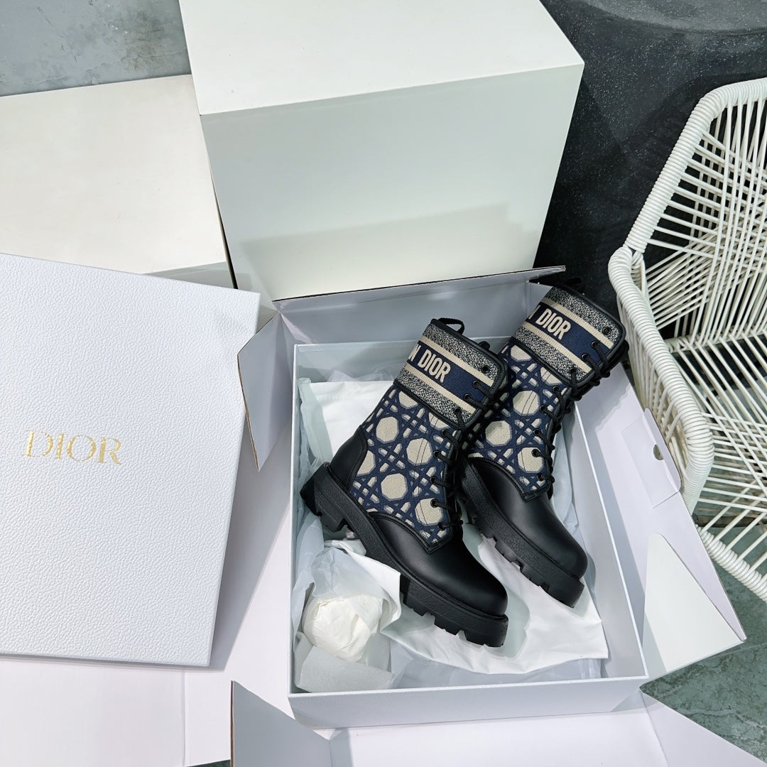 Luxury DiorMajor Ankle Boots Black Navy Blue Calfskin And Fabric Canvas