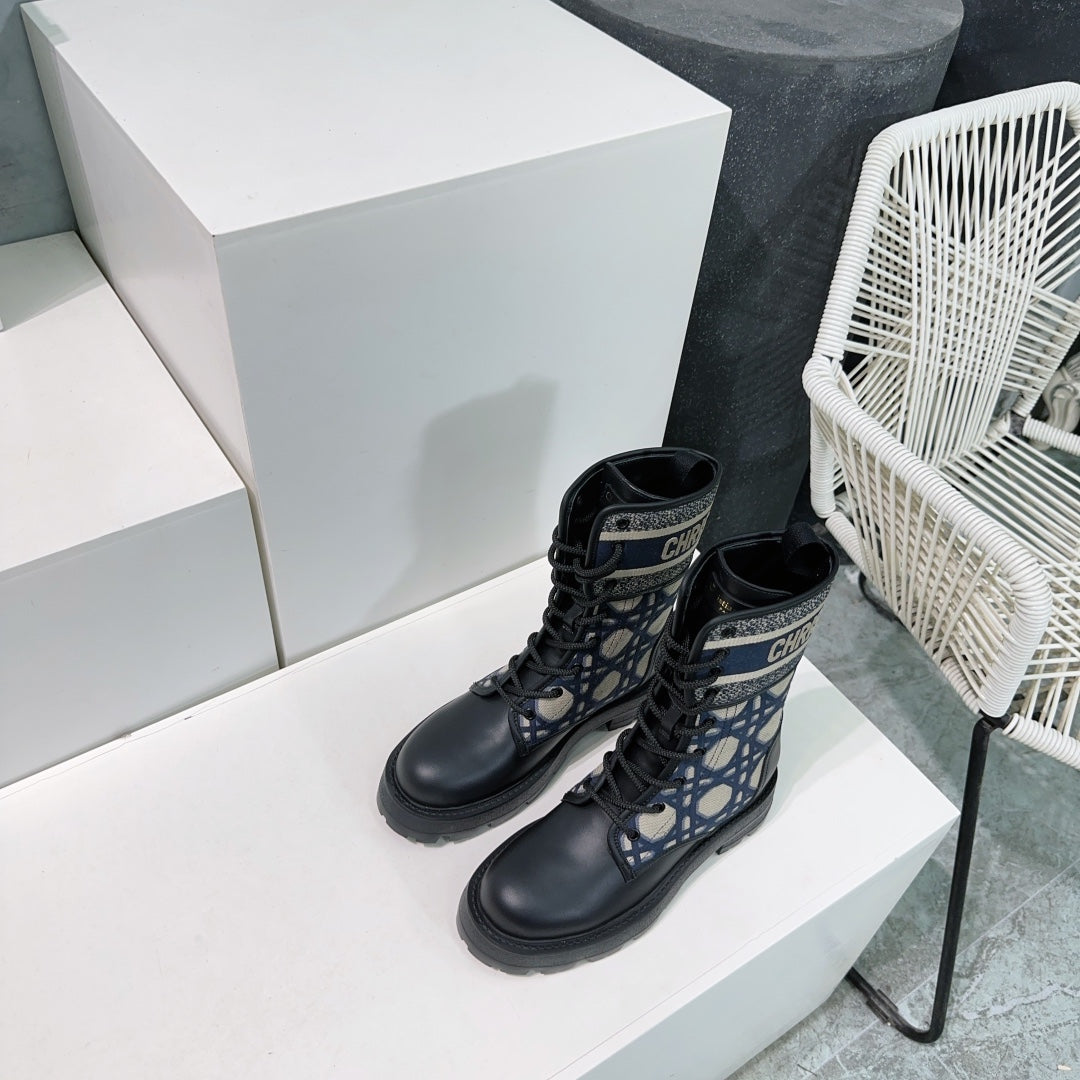 Luxury DiorMajor Ankle Boots Black Navy Blue Calfskin And Fabric Canvas