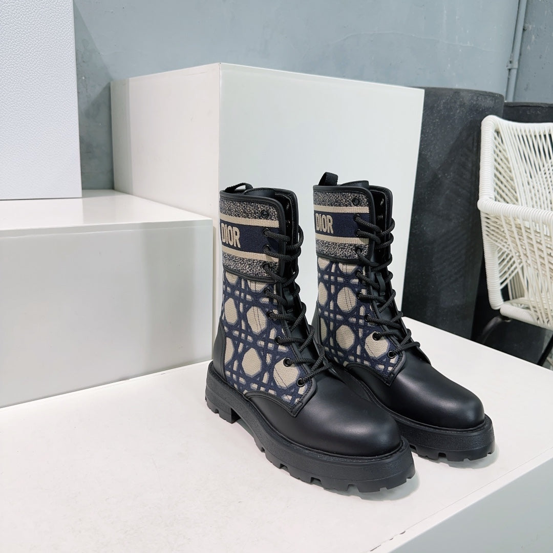 Luxury DiorMajor Ankle Boots Black Navy Blue Calfskin And Fabric Canvas
