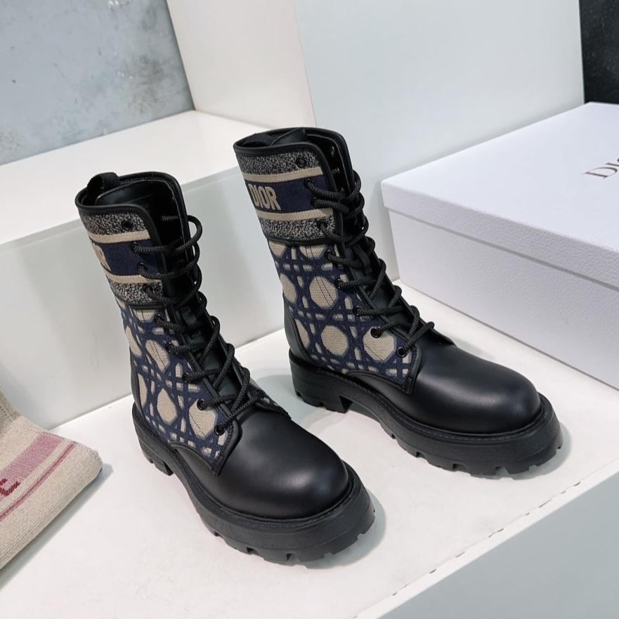 Luxury DiorMajor Ankle Boots Black Navy Blue Calfskin And Fabric Canvas