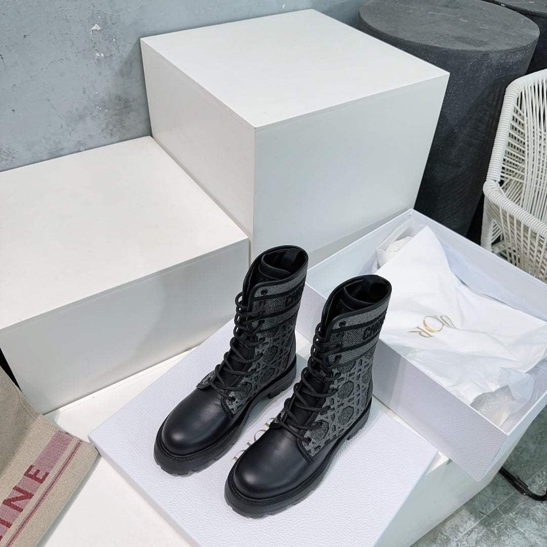 Luxury DiorMajor Ankle Boots Black Grey Calfskin And Fabric Canvas