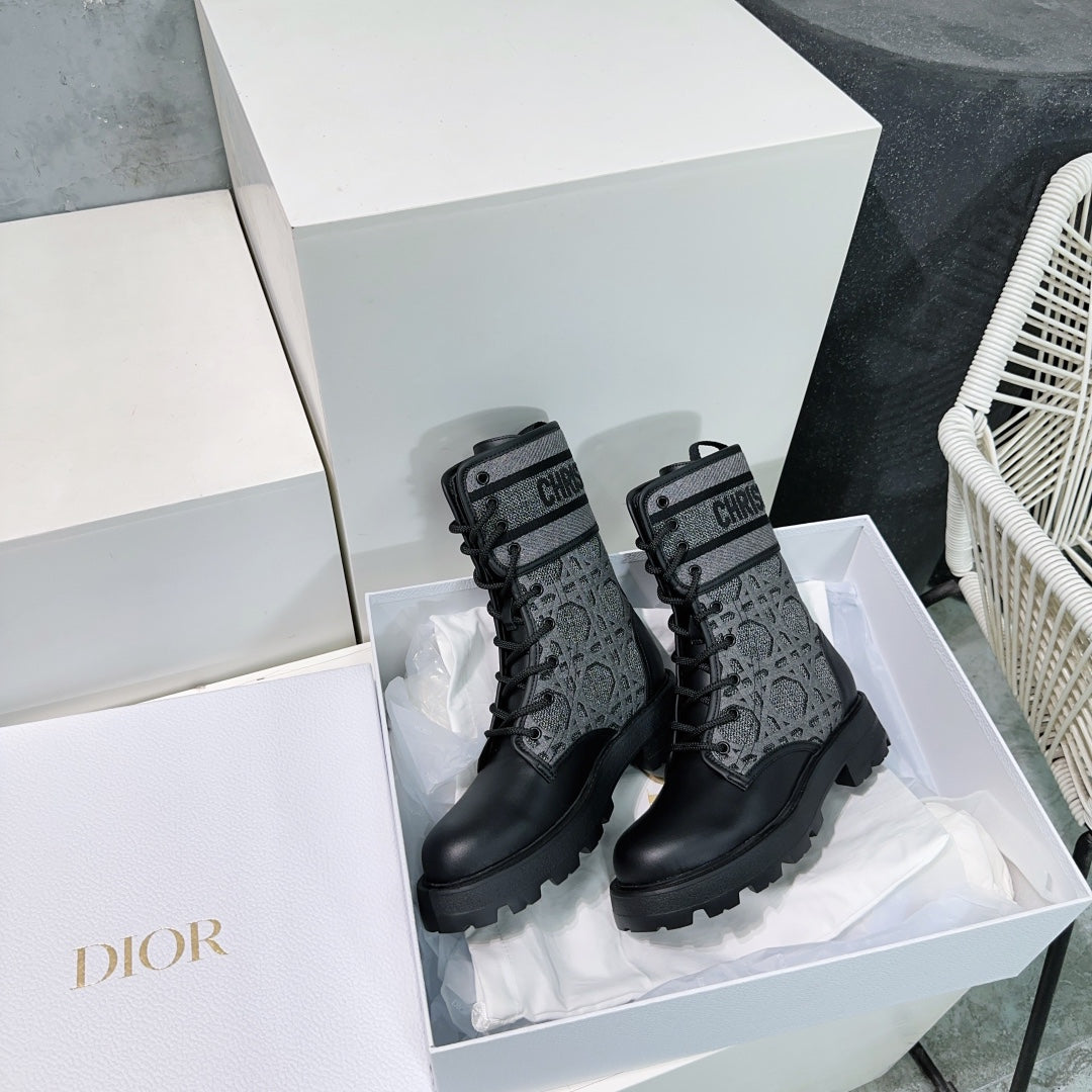 Luxury DiorMajor Ankle Boots Black Grey Calfskin And Fabric Canvas
