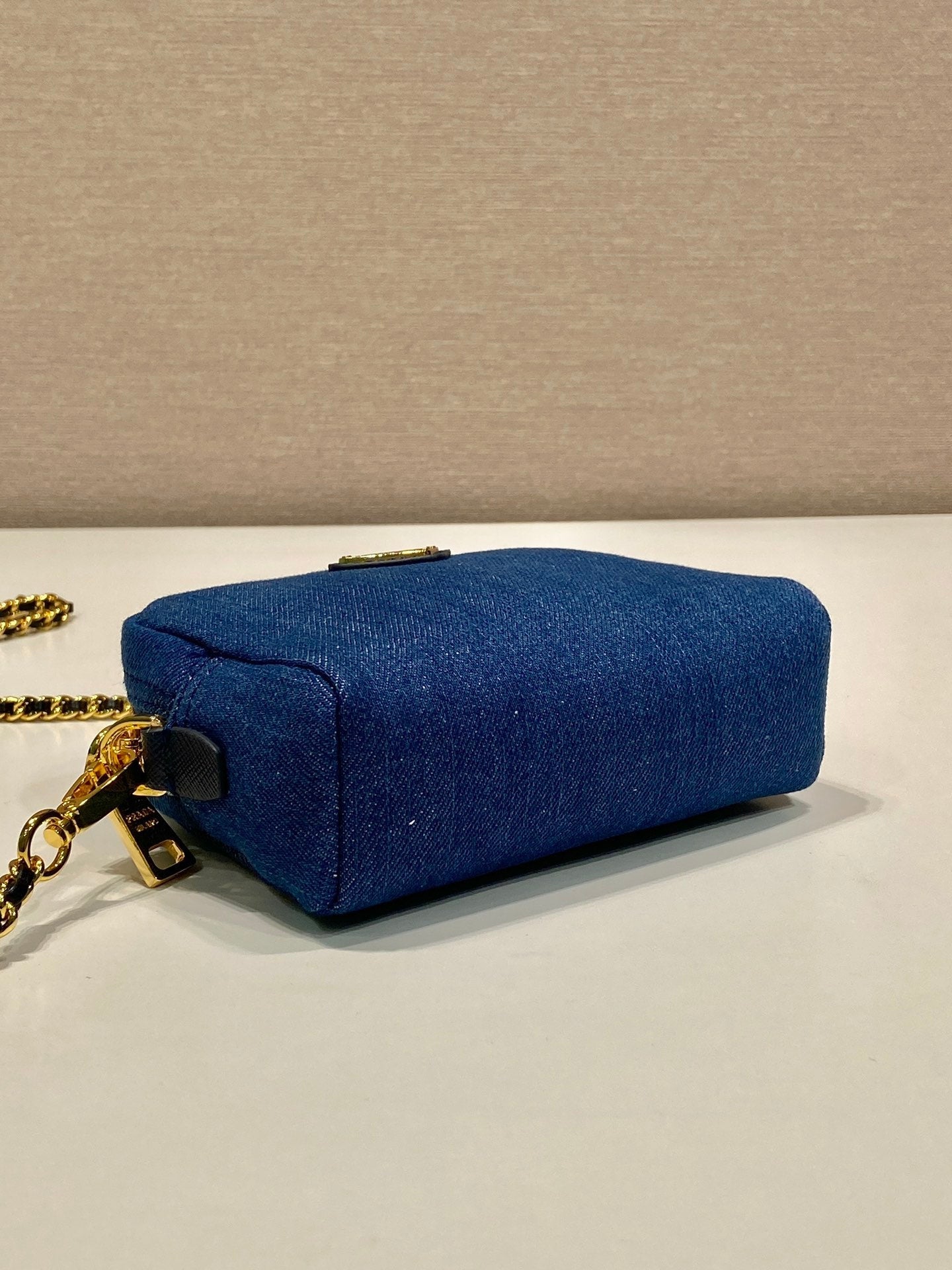 Luxury PradaMINI BAG 14 IN AZURE BLUE DENIM GOLD HARDWARE