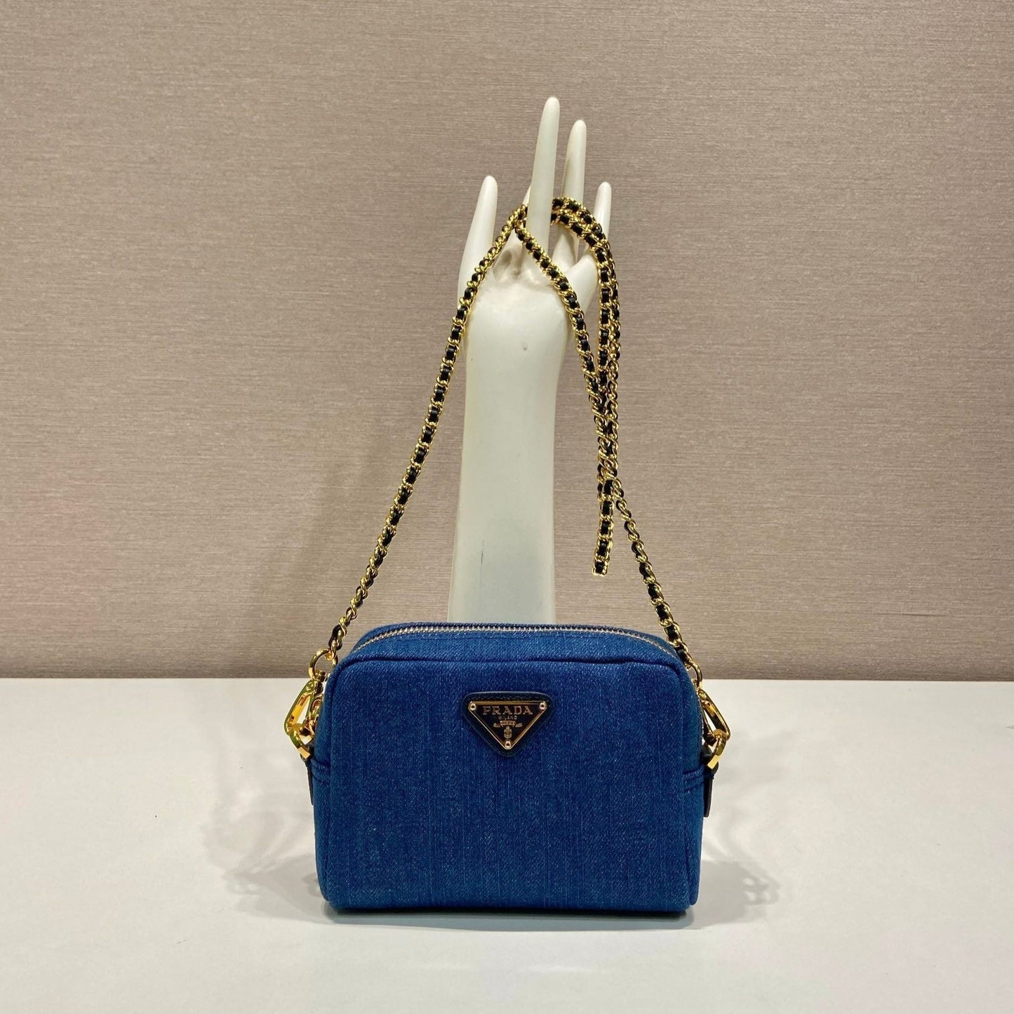 Luxury PradaMINI BAG 14 IN AZURE BLUE DENIM GOLD HARDWARE