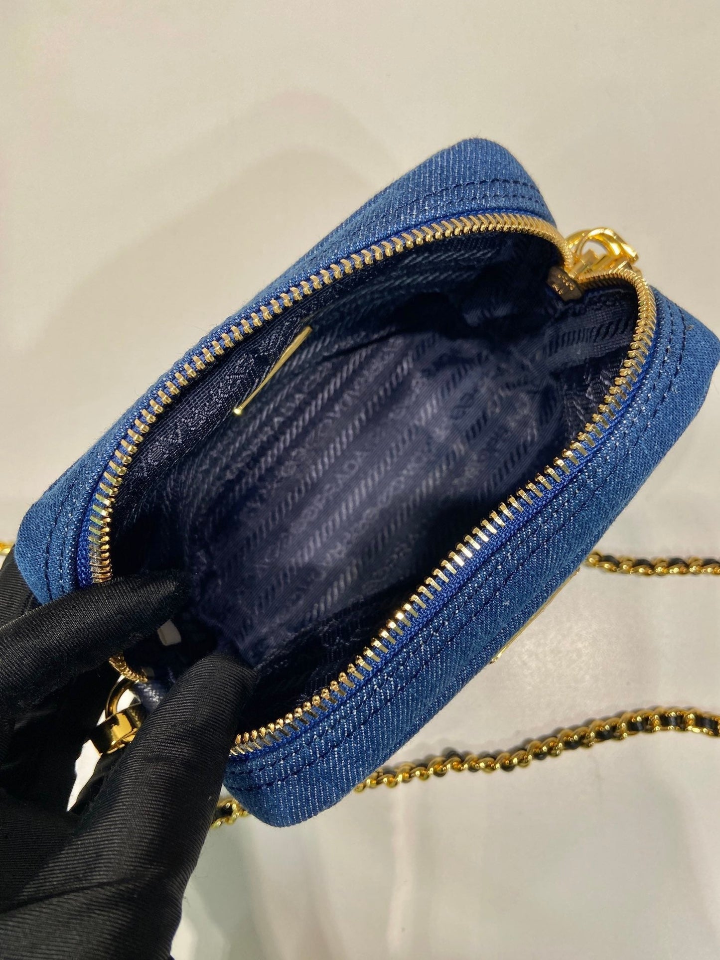 Luxury PradaMINI BAG 14 IN AZURE BLUE DENIM GOLD HARDWARE