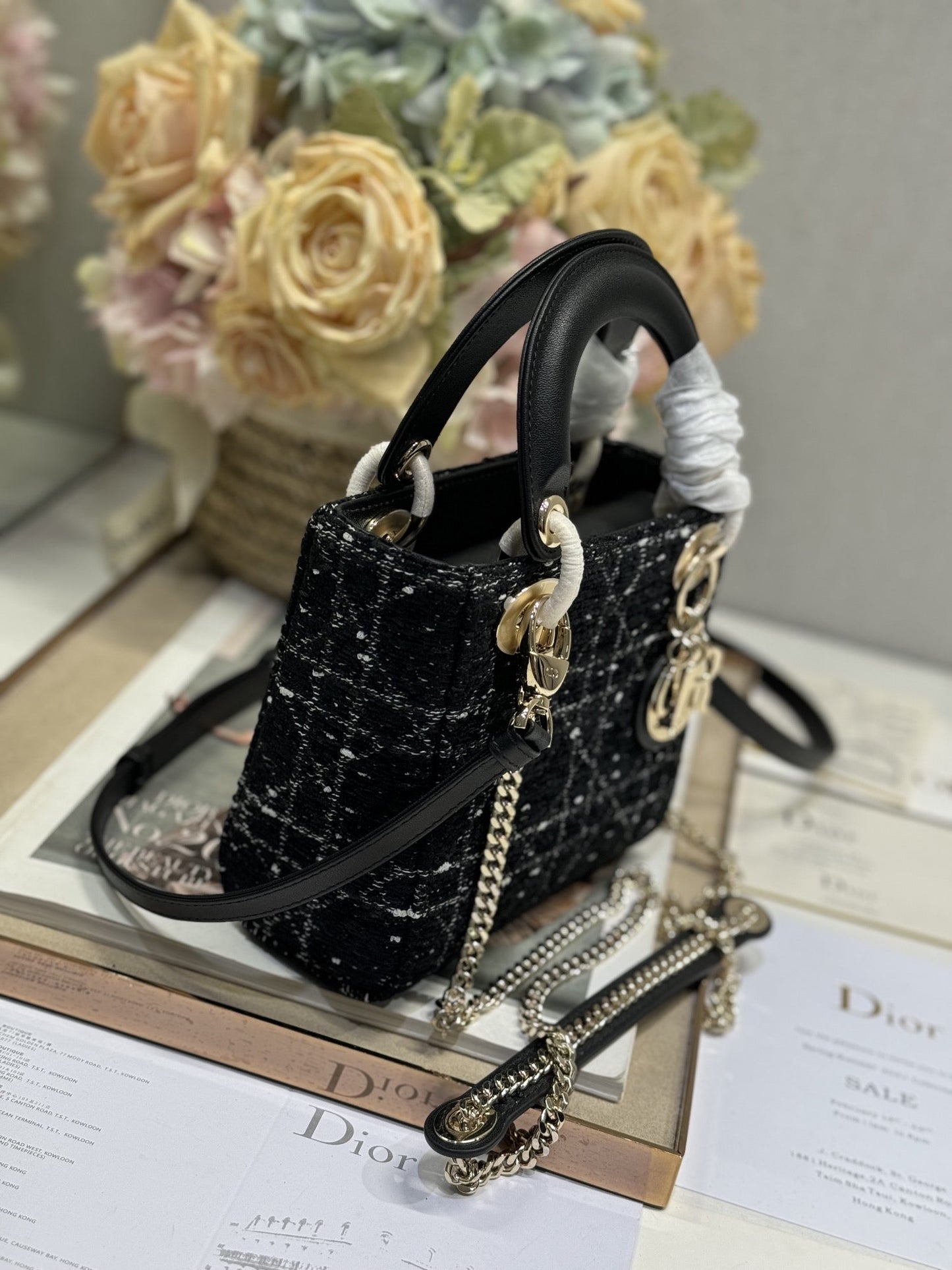 Luxury DiorLady 17cm Black Lambskin Black White Canvas