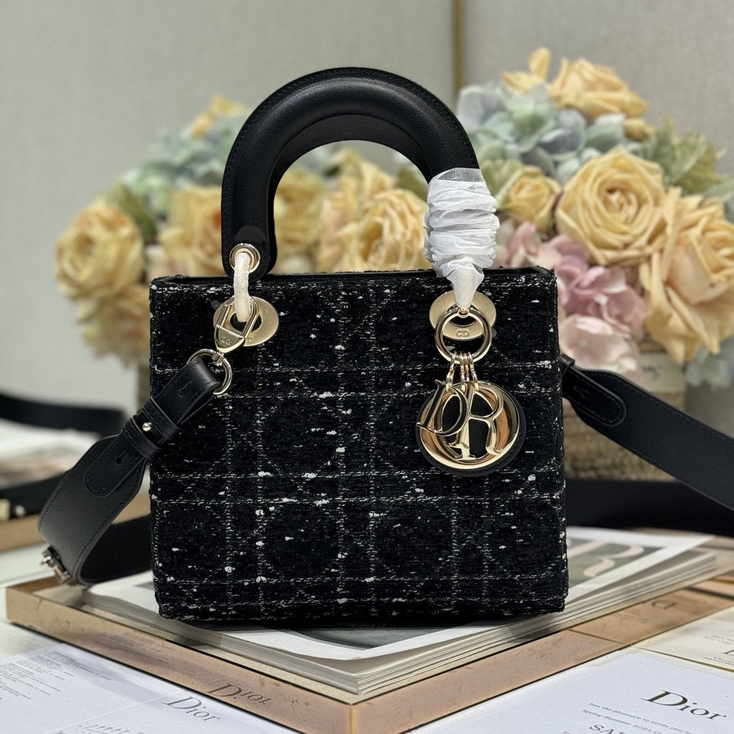 Luxury DiorLady Bag 20cm Black Lambskin Black White Canvas