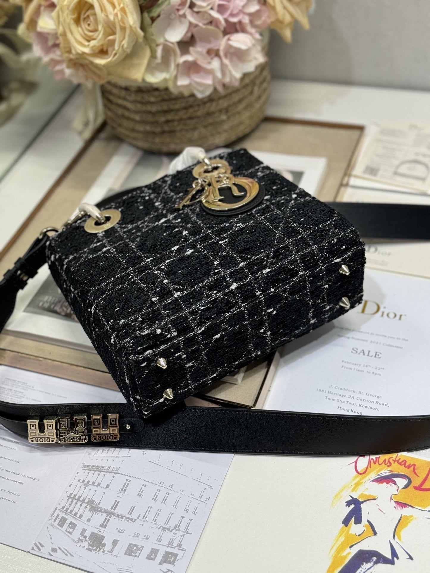 Luxury DiorLady Bag 20cm Black Lambskin Black White Canvas