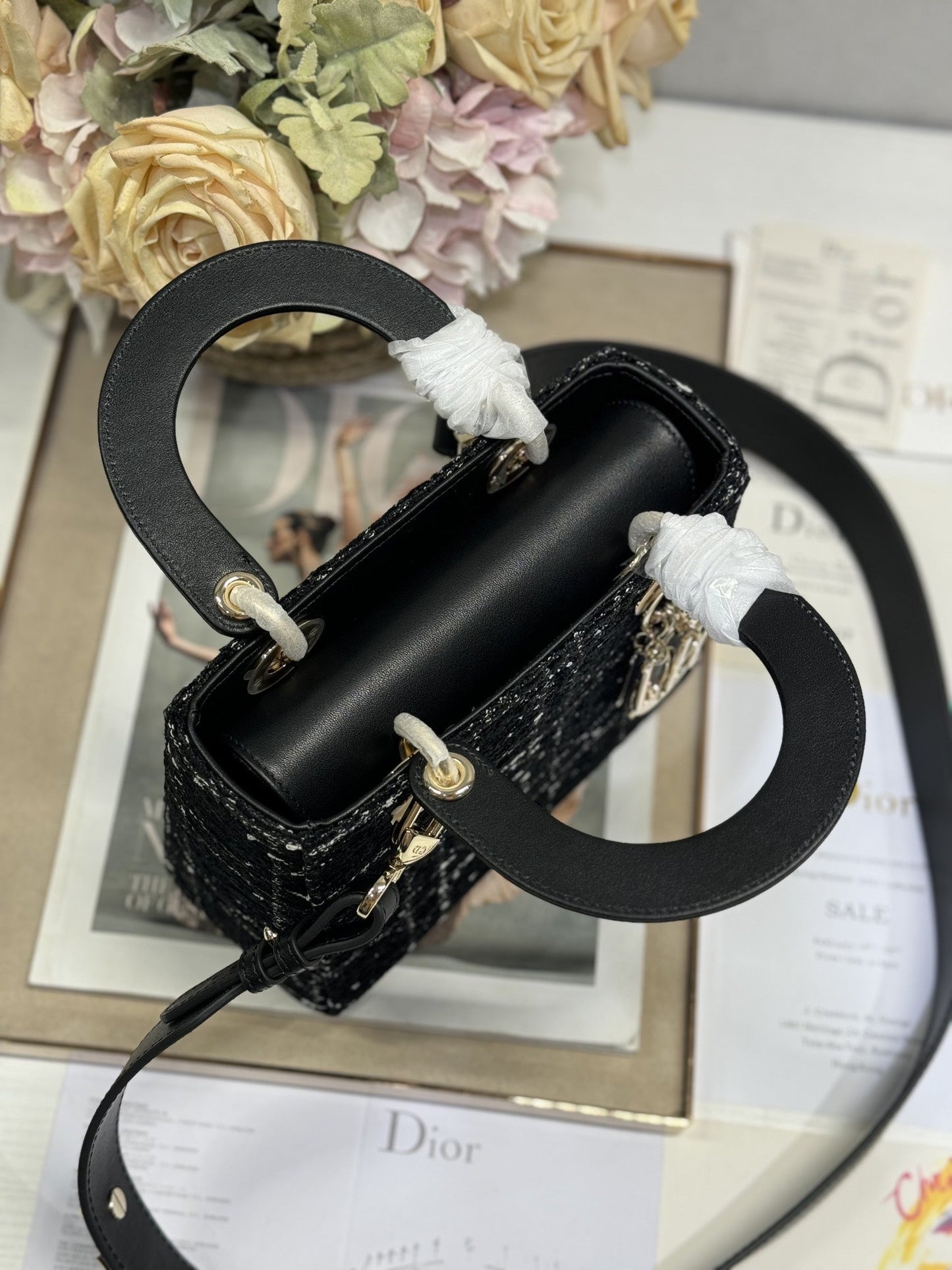 Luxury DiorLady Bag 20cm Black Lambskin Black White Canvas