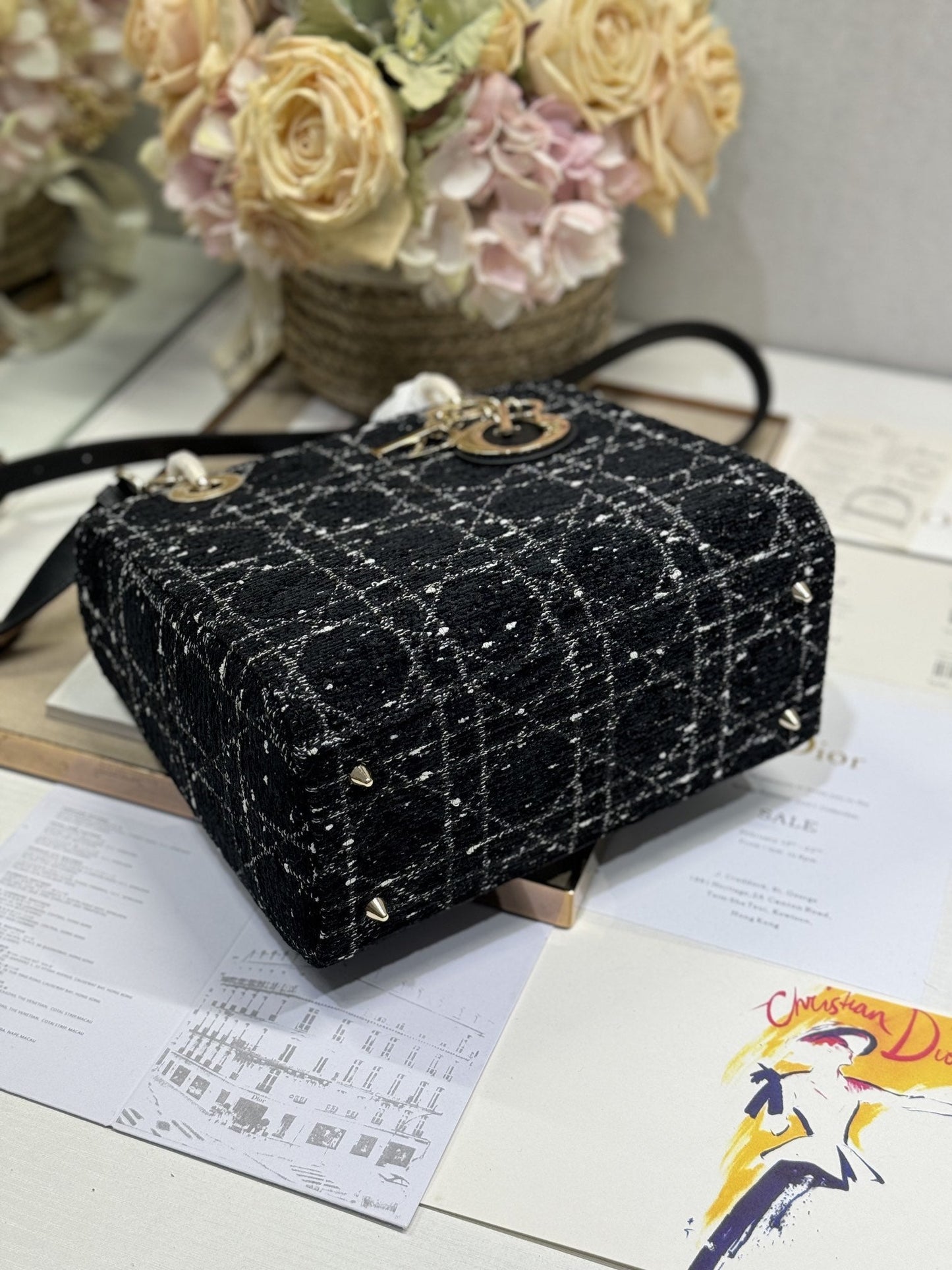 Luxury DiorMedium Lady 24 Black Lambskin Black White Canvas