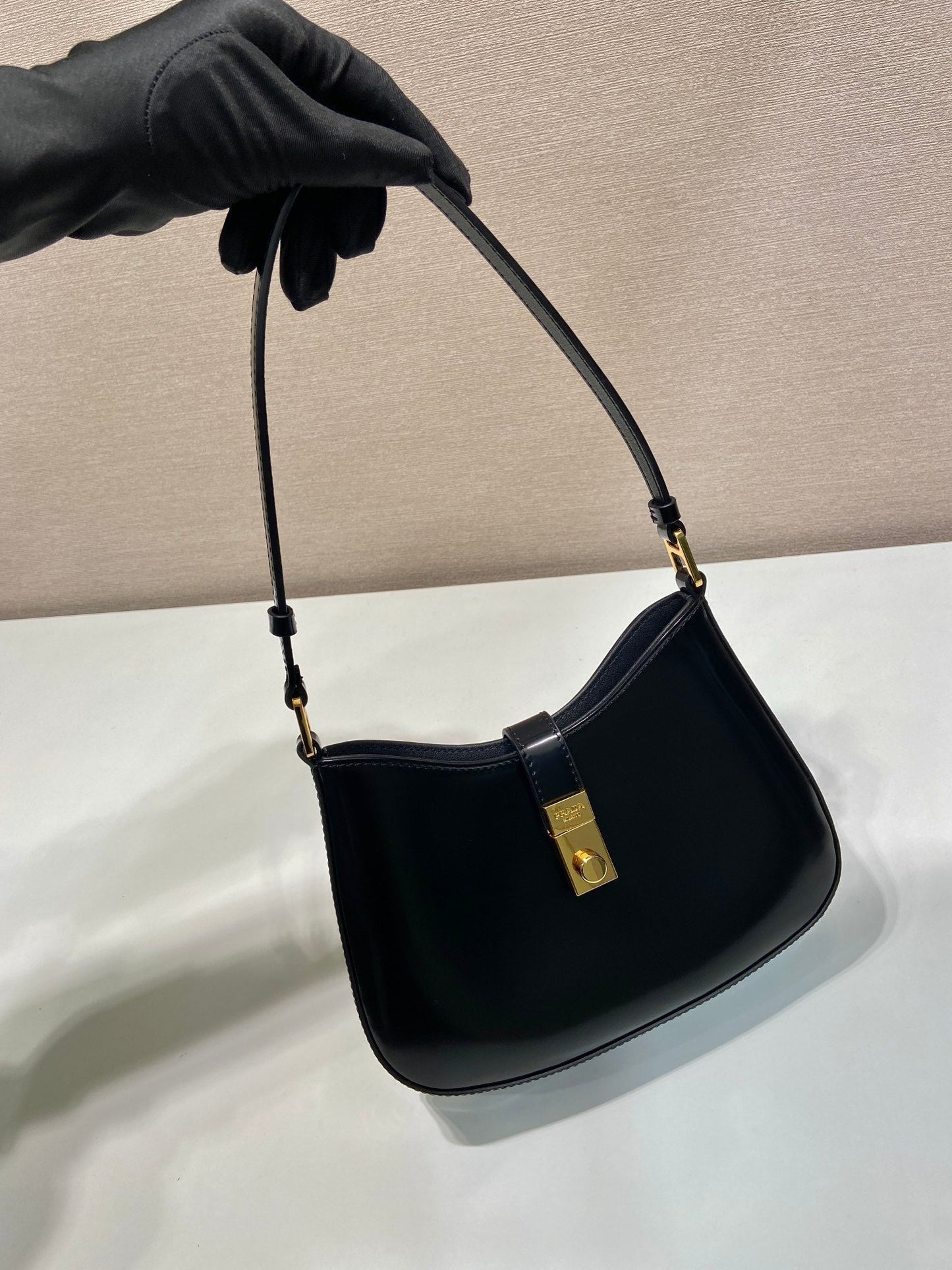 Luxury PradaCLEO SHOULDER BAG 22 IN BLACK BRUSHED LAMBSKIN WITH CLASP CLOSURE